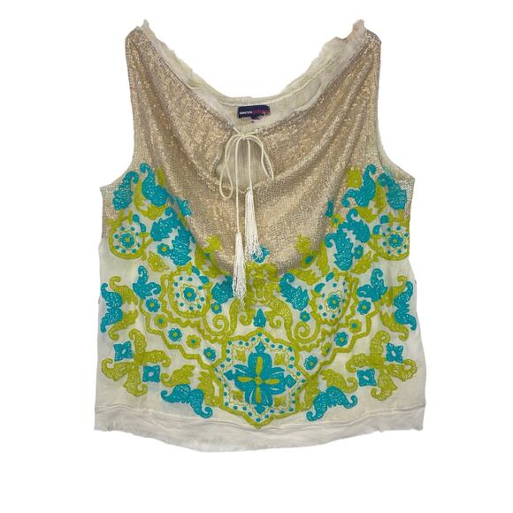 NAMRATA JOSHIPURA Floral Embroidered Silk Blouse Teal Gold Sequins Tassels Sz M - Picture 2 of 11